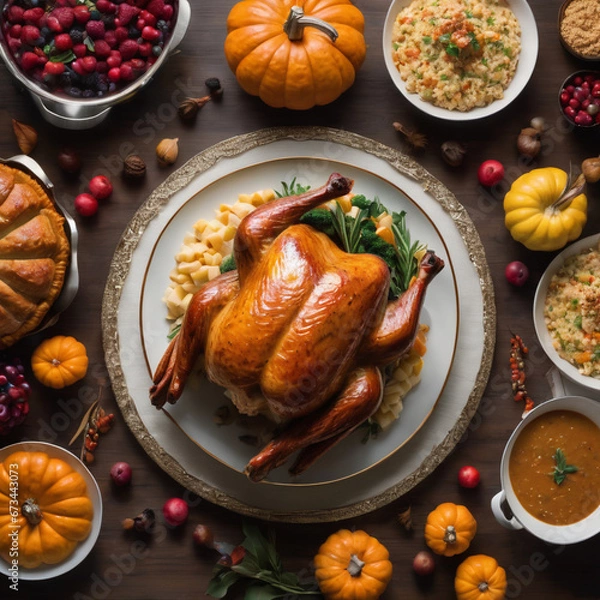 Fototapeta Thanksgiving Holidays. chicken with potatoes and vegetables with ai generated.