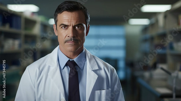 Fototapeta Confident Hispanic doctor with lab coat in clinical setting