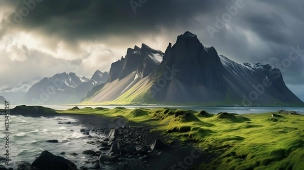 Fototapeta Summer Majesty: Stokksnes Headland Vista with Iconic Vestrahorn Mountain. Generative ai