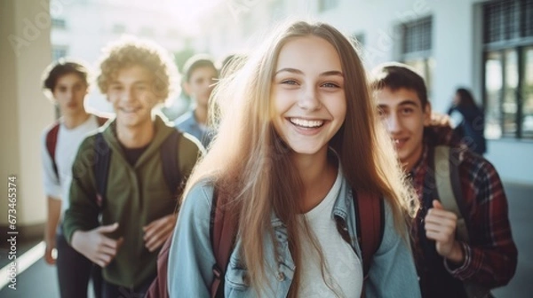 Obraz High school students happy going to class