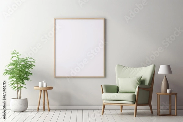 Obraz Vertical empty wooden frame for wall art mockup. Modern white room with sage green chair, table and green houseplant.