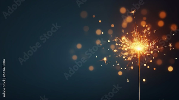 Fototapeta Burning sparkler on dark blue background with bokeh effect