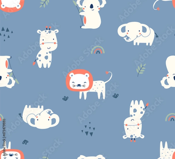 Fototapeta Seamless pattern with jungle pattern, Cute Jungle repeat, Cute elephant, cute koala, Cute giraffe pattern