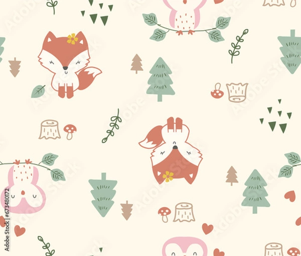 Fototapeta Forest friends pattern, Cute fox pattern, Cute owl pattern, Forest friends pattern, 