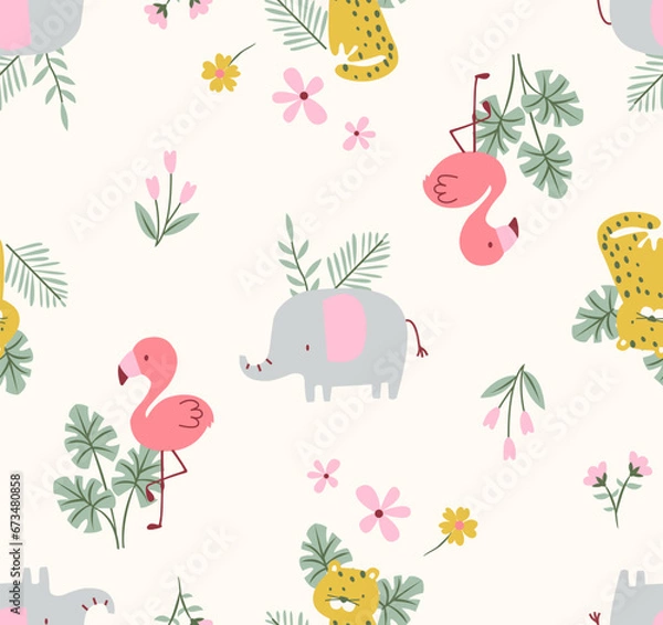 Fototapeta cute elephant vector, cute cheetah vector, cute flamingo vector, jungle pattern