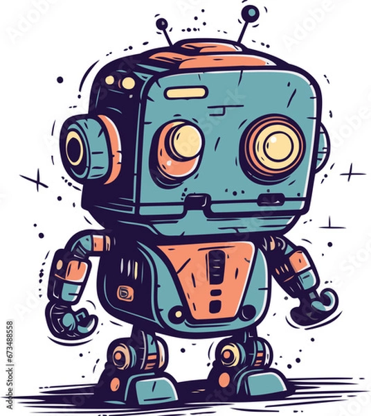 Fototapeta Cartoon robot. Hand drawn vector illustration. Isolated on white background.