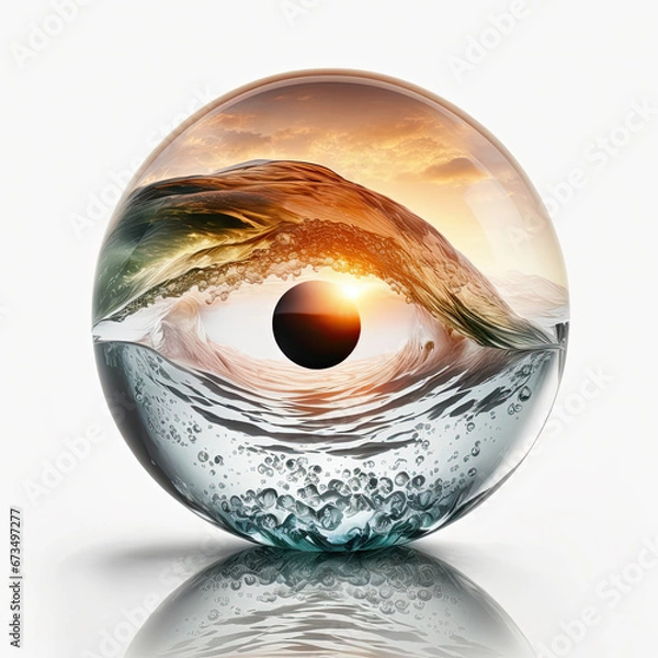 Fototapeta Transparent sphere with an eye formed by an ocean wave inside it, isolated on white background