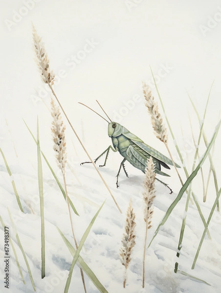 Obraz A Minimal Watercolor of a Grasshopper in a Winter Setting