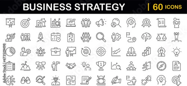 Obraz Business strategy set of web icons in line style. Business solutions icons for web and mobile app. Action List, research, solution, team, marketing, startup, advertising, business process, management
