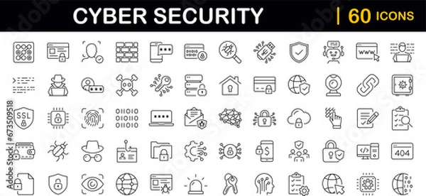 Obraz Cyber security set of web icons in line style. Internet protection icons for web and mobile app. Data protection, network, technology, password, key, shield, lock, password, eye access, spam, hacker