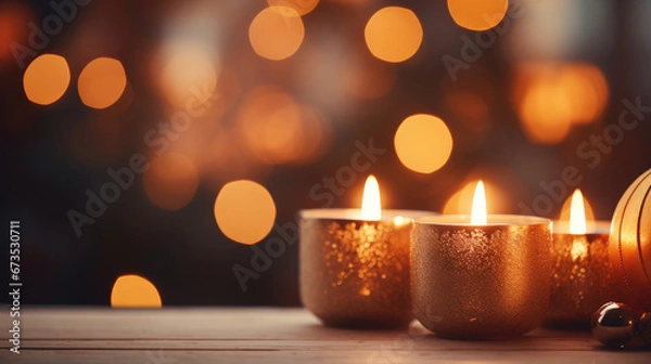 Fototapeta Warm and inviting blurred Christmas background with atmospheric candles. Holiday season concept.