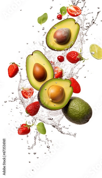 Fototapeta Avocado, Strawberry, Tomato, Lime with Water Splashes, Transparent Background, PNG, Fresh Ingredients Mix