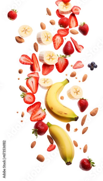 Fototapeta Banana, Strawberry, Almond Mix, Transparent Background, PNG, Nutritious Fruit and Nut Combination