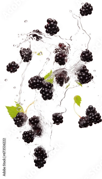 Fototapeta Blackberries with Leaves and Water Splashes, Transparent Background, PNG, Fresh Fruit Image