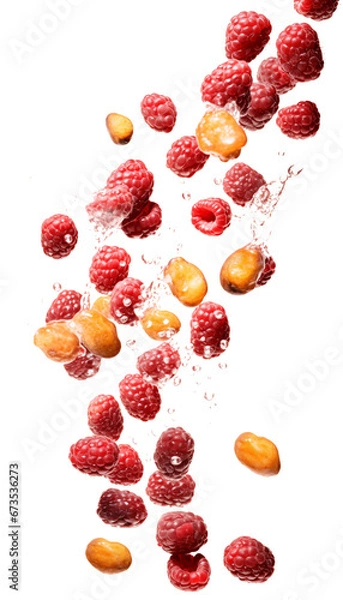 Fototapeta Dates and Raspberries with Water Splashes, Transparent Background, PNG, Exotic and Berry Fruit Mix