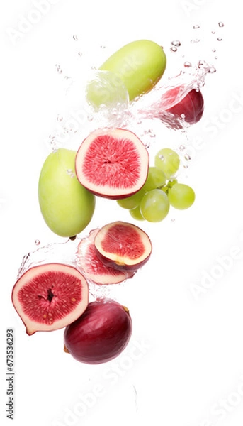 Fototapeta Fresh Figs and Grapes with Water Splashes, Transparent Background, PNG, Delicious Fruit Composition