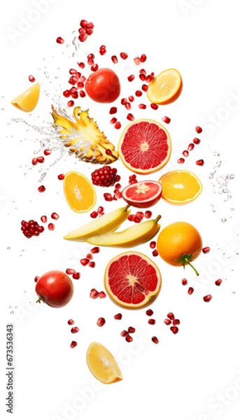 Fototapeta Colorful Fruit Splash Medley, Variety of Fresh Fruits with Water Splashes, Transparent Background, PNG Image