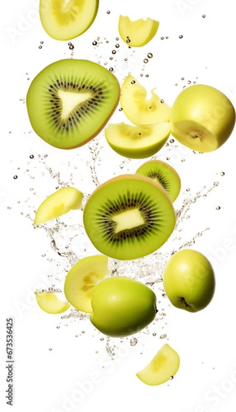 Fototapeta Fresh Kiwi and Apple Duo with Dynamic Water Splashes on Transparent Background, High-Quality PNG