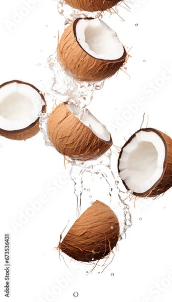 Fototapeta Coconut with Water Splashes, Transparent Background, PNG - Tropical Refreshment, Healthy Oil Source, Exotic Fruit Concept
