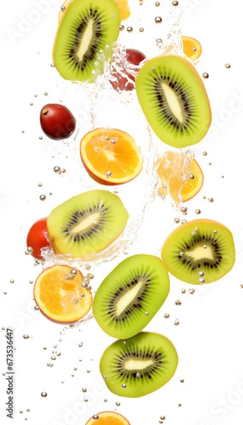 Fototapeta Kiwi, Cranberries, Papaya with Water Splashes, Transparent Background, PNG - Exotic Fruit Mix, Healthy Snack, High in Vitamins