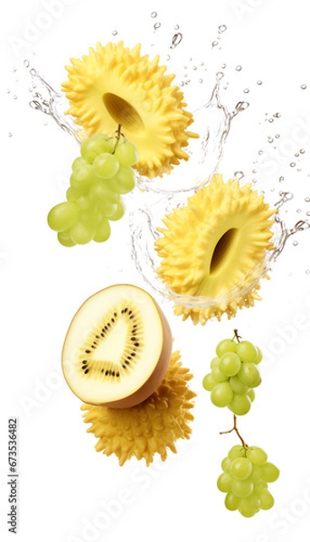 Fototapeta Lychee, Kiwi, and Grapes with Water Splashes, Transparent Background, PNG - Exotic Fruits, Refreshing, Healthy Snack Concept