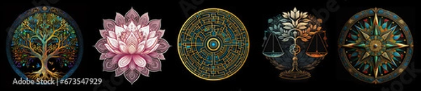 Fototapeta Set of 5 assorted inner-peace themed mandalas isolated on a black background. Colorful ornate mandala designs include tree of life, lotus flower, labyrinth maze, balance scale, and compass.