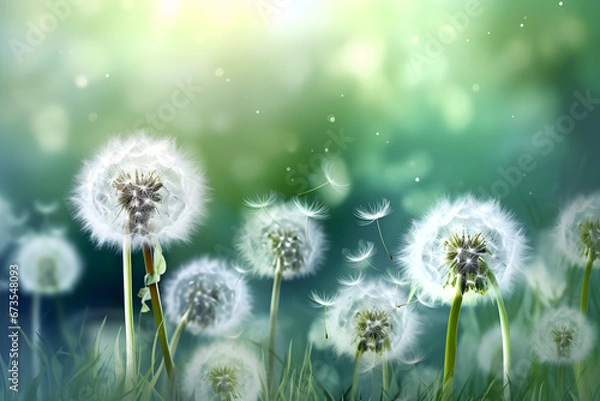 Obraz Spring background with white dandelions