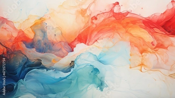Fototapeta A Beautiful abstraction of liquid paints in slow blending flow mixing together gently, colorful, abstract, color, abstract background.