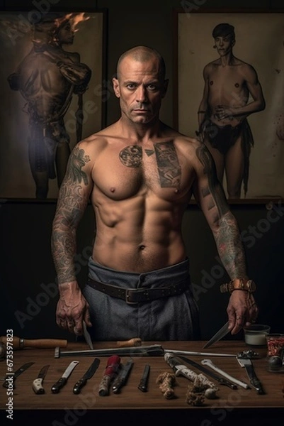 Fototapeta Muscular man with tools in workshop