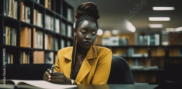 Fototapeta African American woman taking notes in library