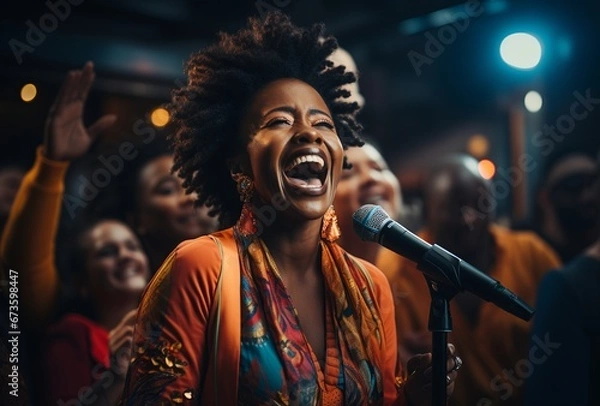 Fototapeta Cheerful black man with microphone on stage