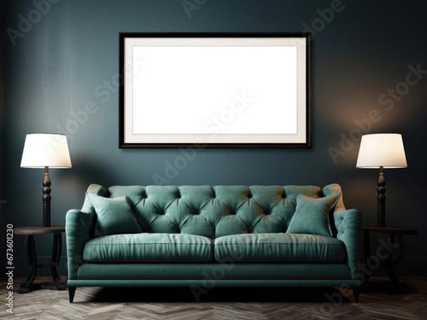 Fototapeta Couch with white frame on the wall in a living room.