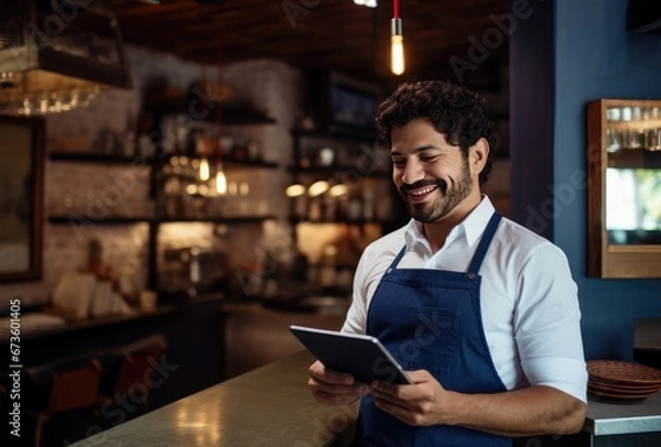 Obraz Man in a blue apron smiling with a tablet.