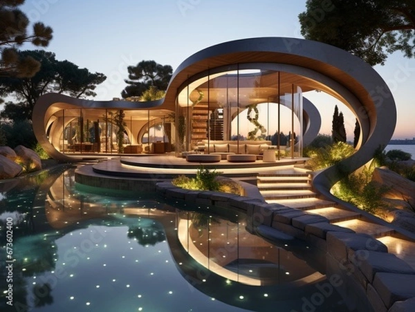 Fototapeta Swimming pool in yard of modern building