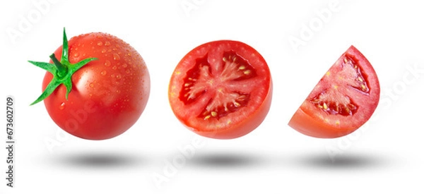 Fototapeta Flying tomato has water drop with half slices tomatoes and shadow isolated on white background.