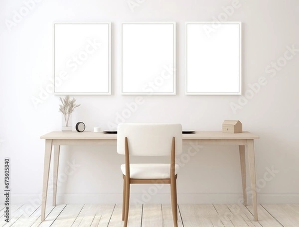 Fototapeta Three white photo frames and an office table on a white wall in a room.