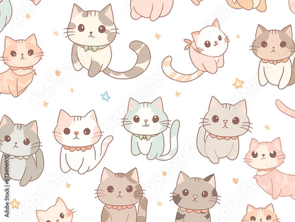 Fototapeta Cats Seamless Pattern Illustration on Soft Color