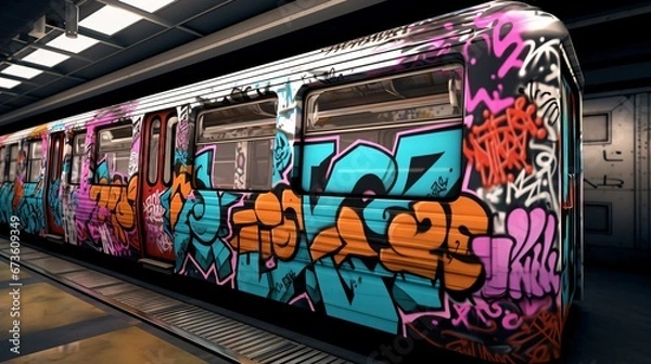 Obraz a train with graffiti on it