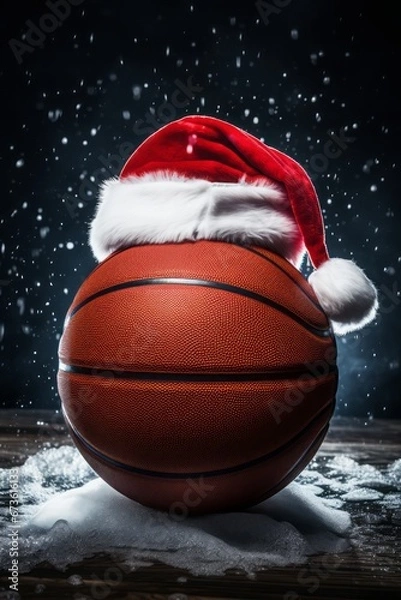Fototapeta Close up of a basketball with a Santa hat. Illuminated ball on the floor. Snow is blowing.
