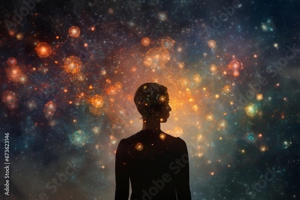 Fototapeta Abstract image of a person's silhouette surrounded by a constellation of interconnected thought bubbles