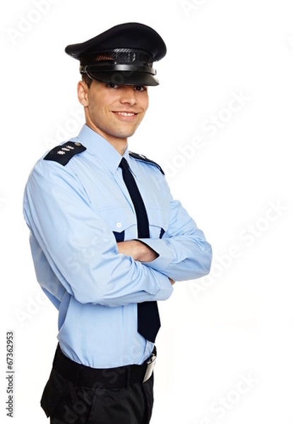 Fototapeta Portrait of young smiling policeman standing
