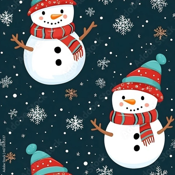 Fototapeta Snowman with scarf in Christmas pattern