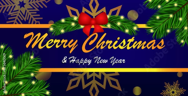 Fototapeta Christmas and New Year Banner Design with String Lights, Christmas Tree Leaves and Snowflakes 