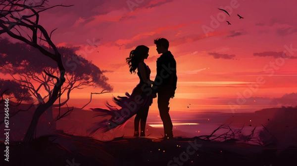Obraz Romantic Couple Silhouette Standing in Front of Trees at Sunset with Pink Starry Night Sky, Valentine's Day Illustration Background