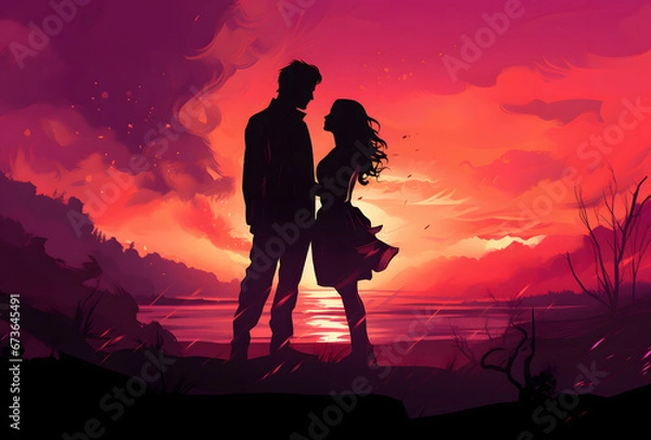 Obraz Romantic Couple Silhouette Standing in Front of Trees at Sunset with Pink Starry Night Sky, Valentine's Day Illustration Background