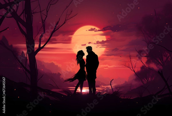 Obraz Romantic Couple Silhouette Standing in Front of Trees at Sunset with Pink Starry Night Sky, Valentine's Day Illustration Background