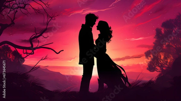 Obraz Romantic Couple Silhouette Standing in Front of Trees at Sunset with Pink Starry Night Sky, Valentine's Day Illustration Background