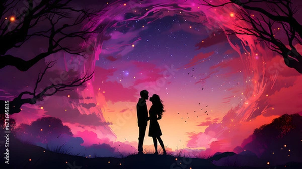 Obraz Romantic Couple Silhouette Standing in Front of Trees at Sunset with Pink Starry Night Sky, Valentine's Day Illustration Background