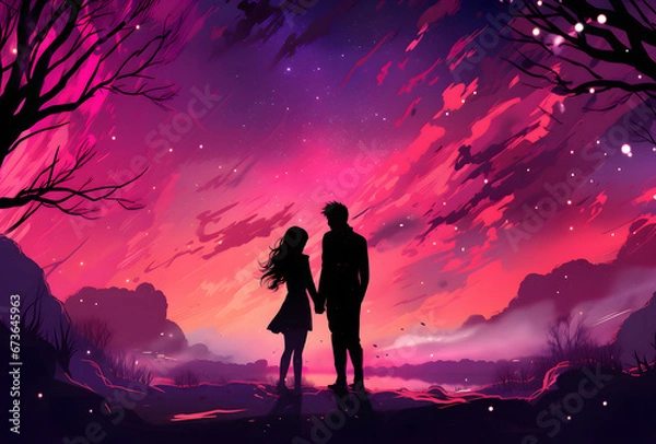 Obraz Romantic Couple Silhouette Standing in Front of Trees at Sunset with Pink Starry Night Sky, Valentine's Day Illustration Background
