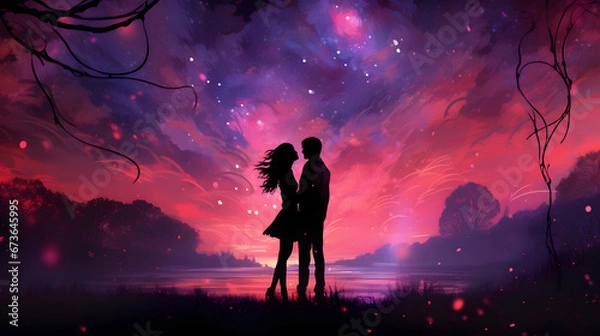 Obraz Romantic Couple Silhouette Standing in Front of Trees at Sunset with Pink Starry Night Sky, Valentine's Day Illustration Background